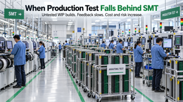 Automated PCBA production test cell supporting high-volume SMT manufacturing